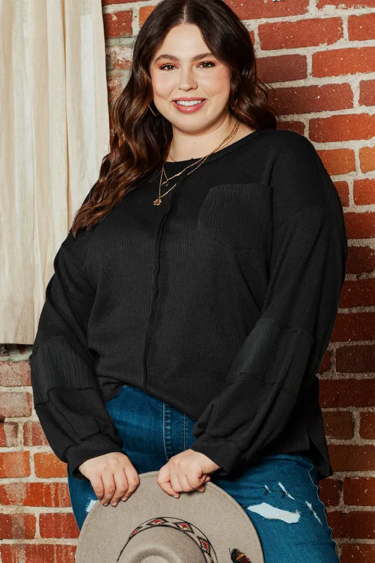 Black Plus Size Exposed Seam Crinkle Patchwork Top made by eAura