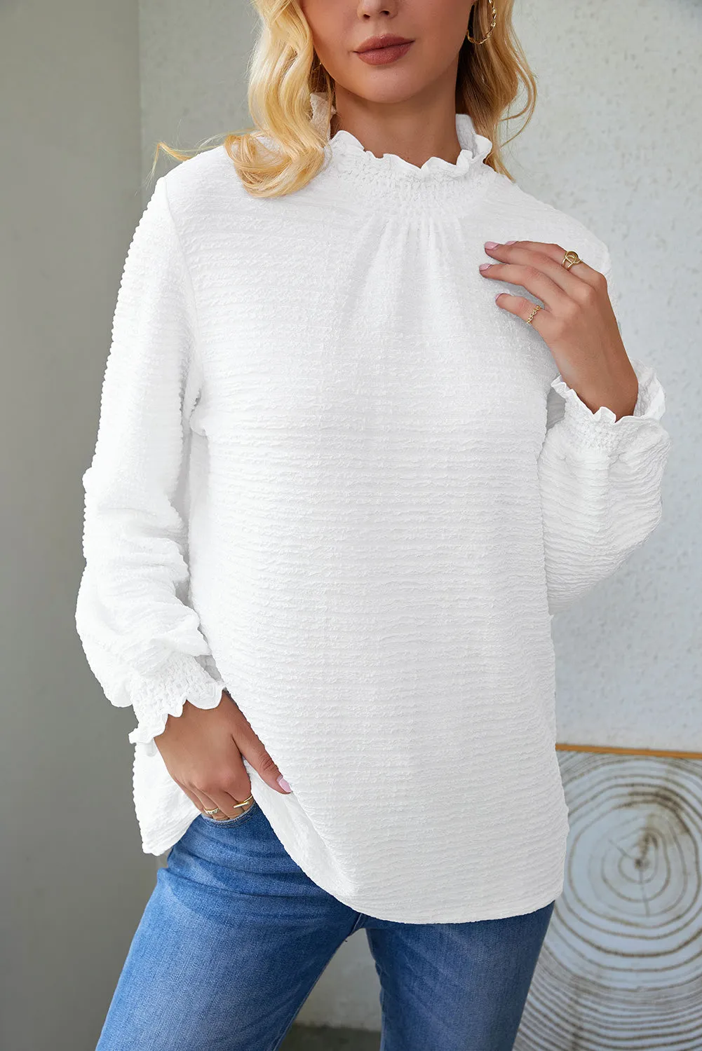 White Frilled Smocked Neck Textured Bishop Sleeve Blouse sold by Beagle Boutique product image thumbnail 3
