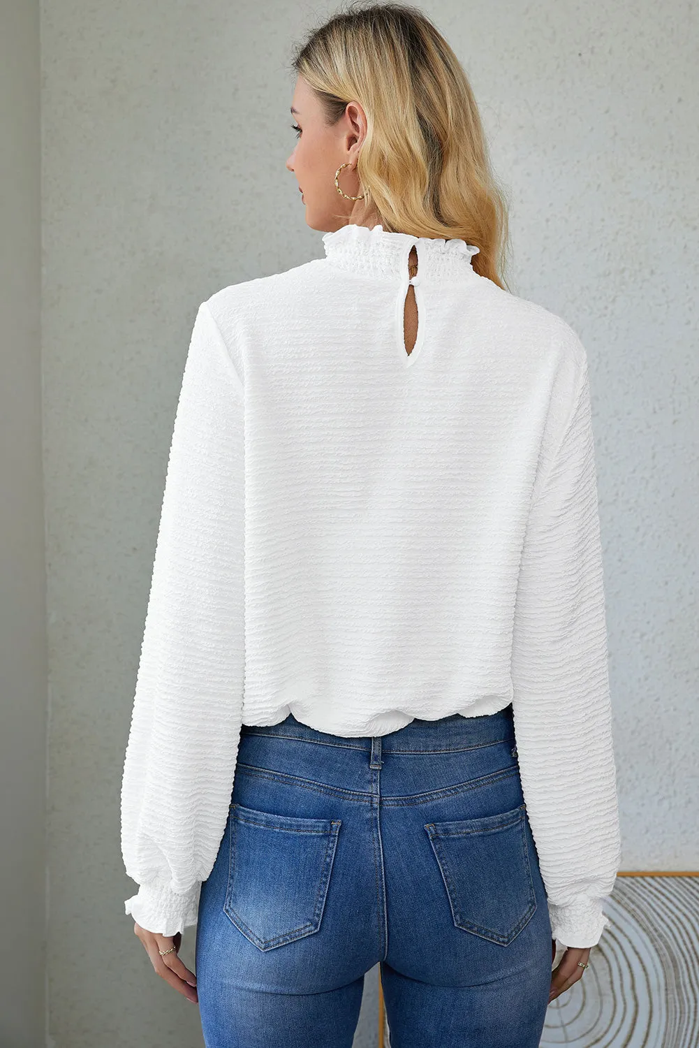 White Frilled Smocked Neck Textured Bishop Sleeve Blouse sold by Beagle Boutique product image thumbnail 2