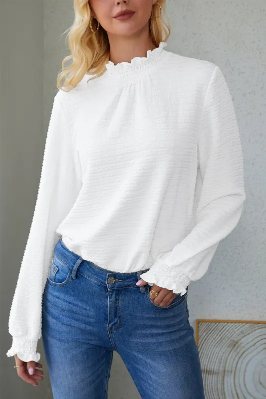 White Frilled Smocked Neck Textured Bishop Sleeve Blouse sold by Beagle Boutique