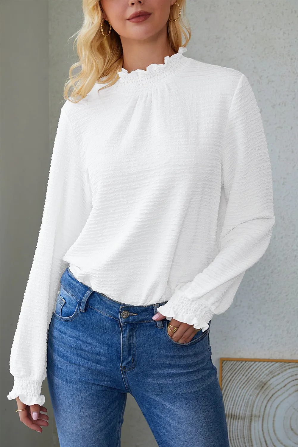 White Frilled Smocked Neck Textured Bishop Sleeve Blouse sold by Beagle Boutique