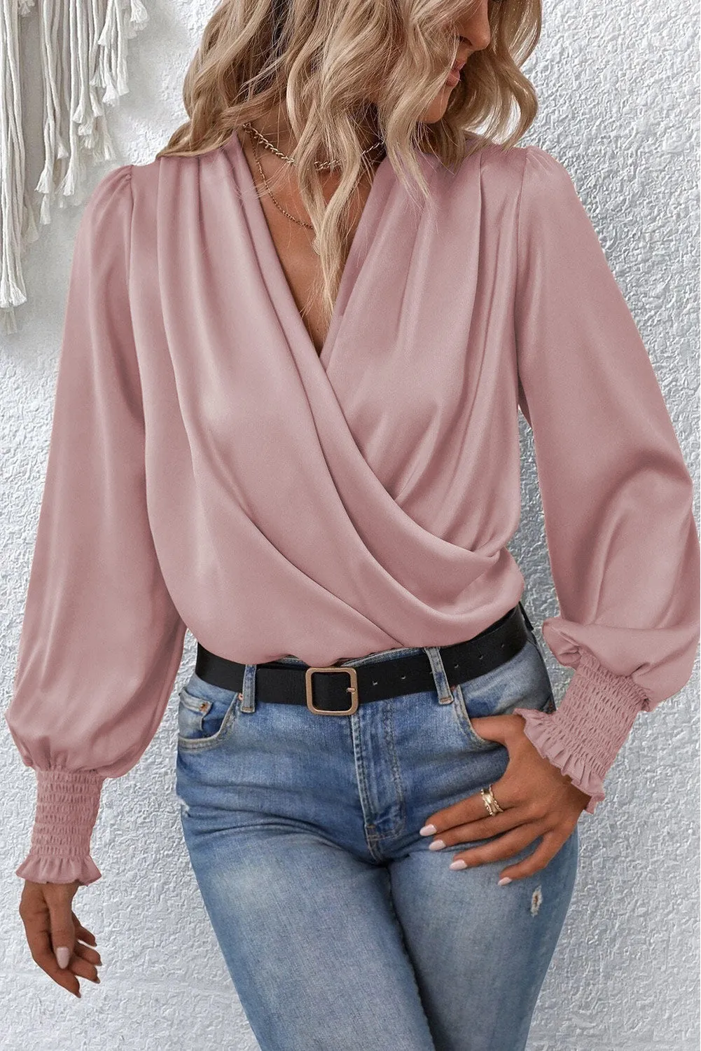 Black Solid Surplice Neck Shirred Cuffs Draped Blouse sold by Beagle Boutique product image thumbnail 4