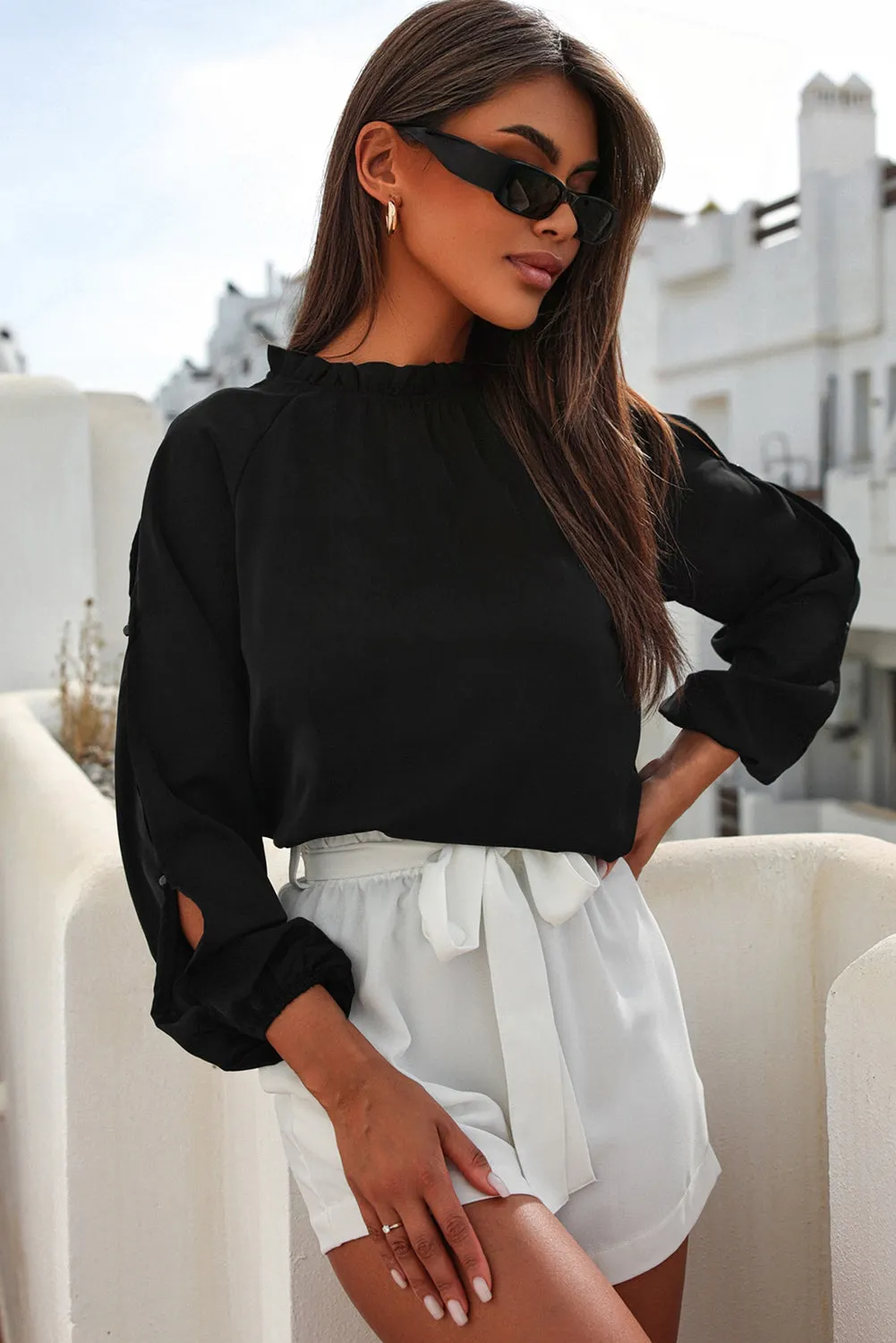 Black Cold Shoulder Bishop Sleeve Blouse sold by Beagle Boutique product image thumbnail 3