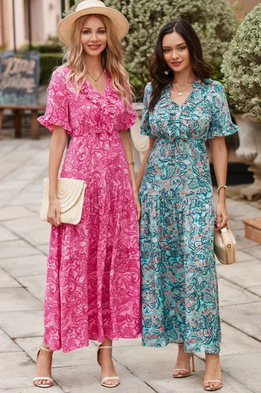 Pink Paisley Print Boho Holiday Ruffle Tiered Maxi Dress sold by Beagle Boutique