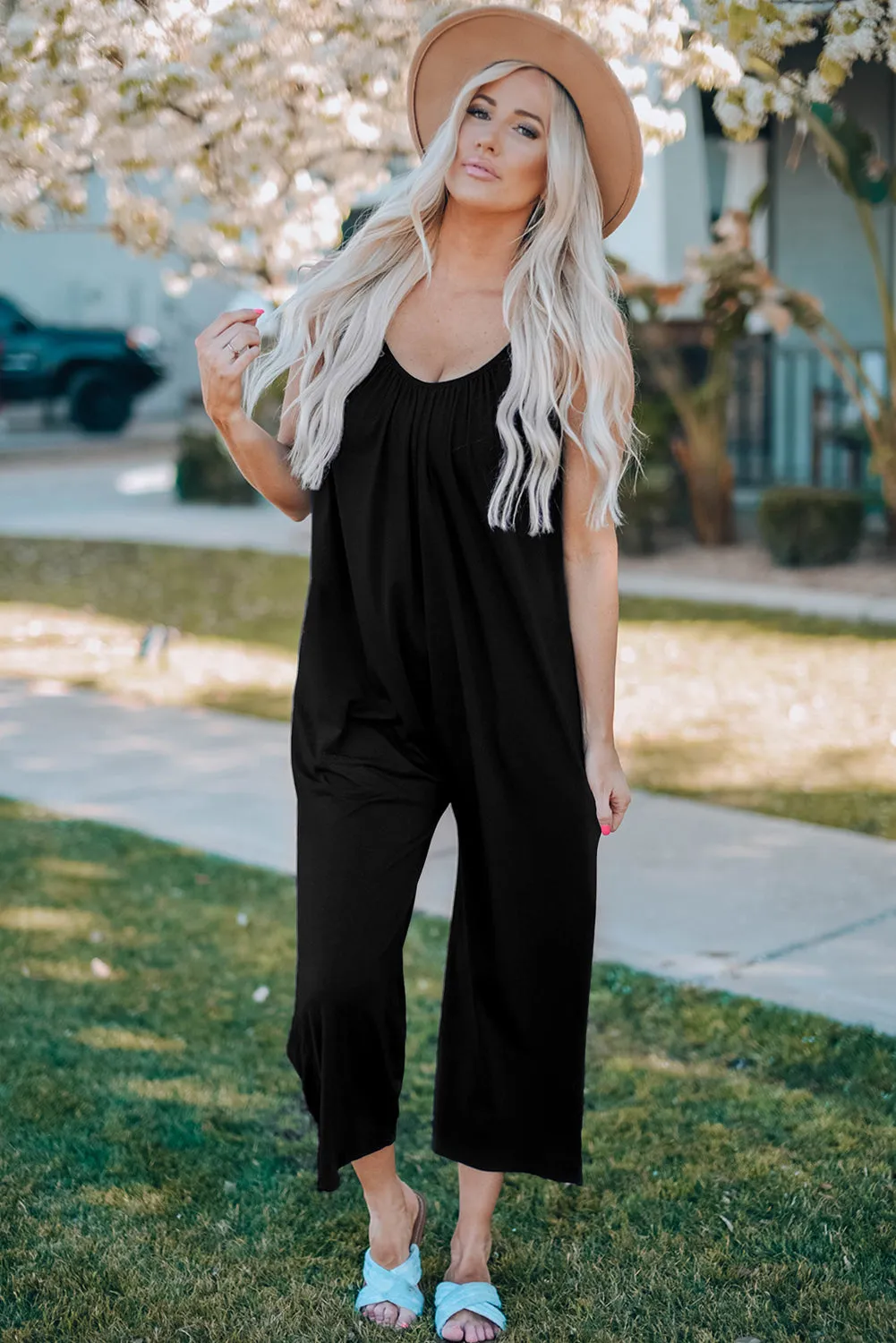 Black Spaghetti Straps Wide Leg Pocketed Jumpsuits sold by Beagle Boutique