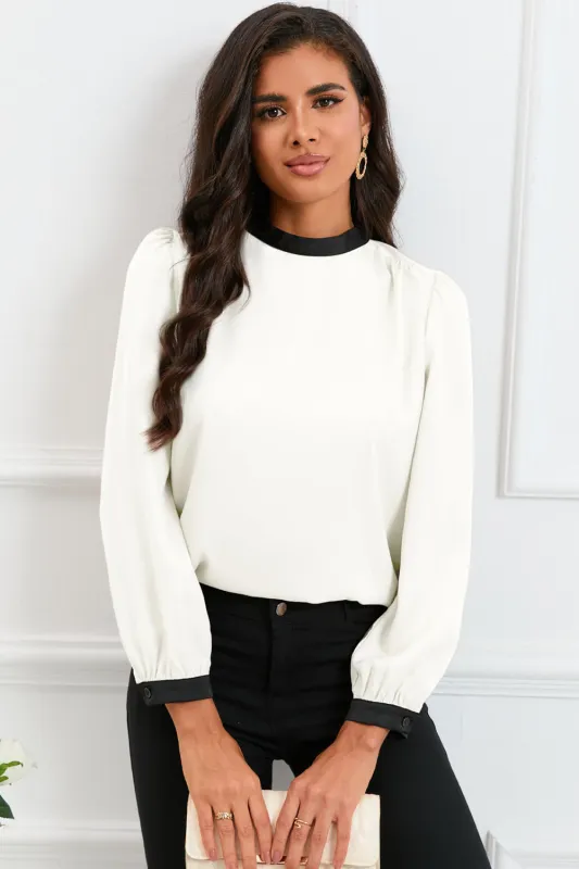 White Colour Block Bow Back Mock Neck Blouse sold by Beagle Boutique
