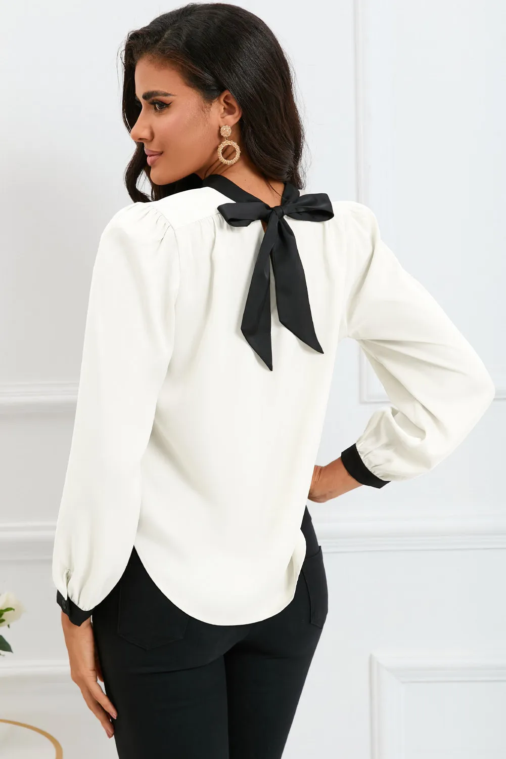 White Colour Block Bow Back Mock Neck Blouse sold by Beagle Boutique product image thumbnail 2