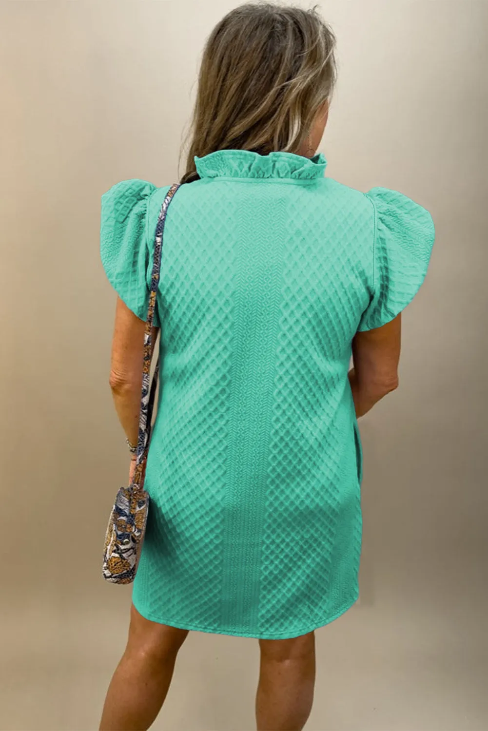 Sea Green Textured Puff Sleeve Ruffled V Neck Shift Mini Dress sold by Beagle Boutique product image thumbnail 2