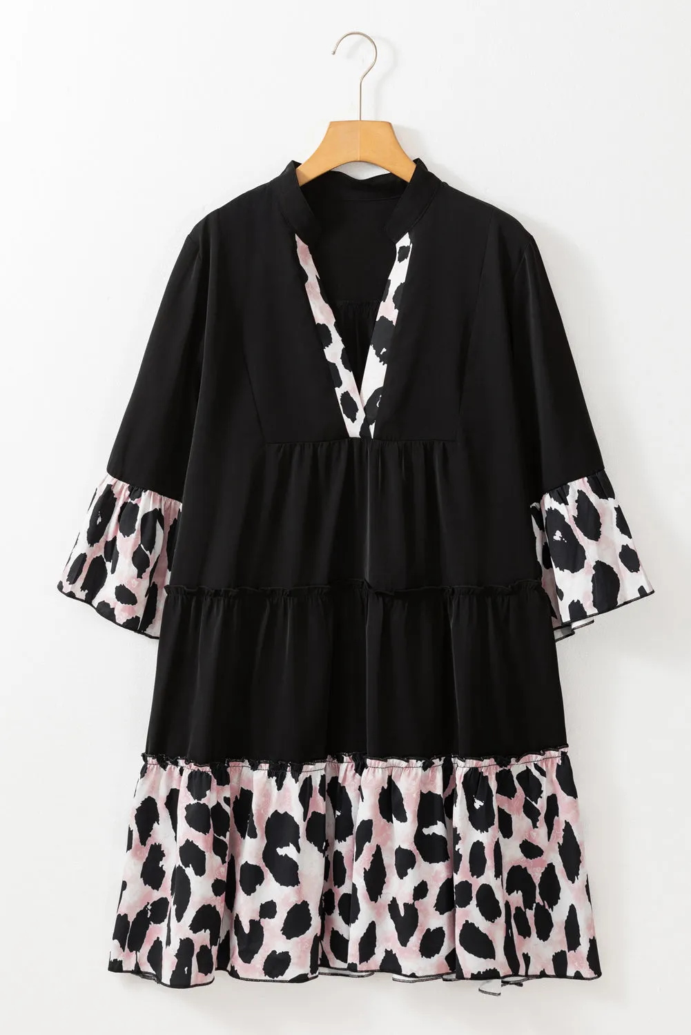 Black Leopard Patchwork Split Neck Ruffle Curvy Dress sold by Beagle Boutique product image thumbnail 3