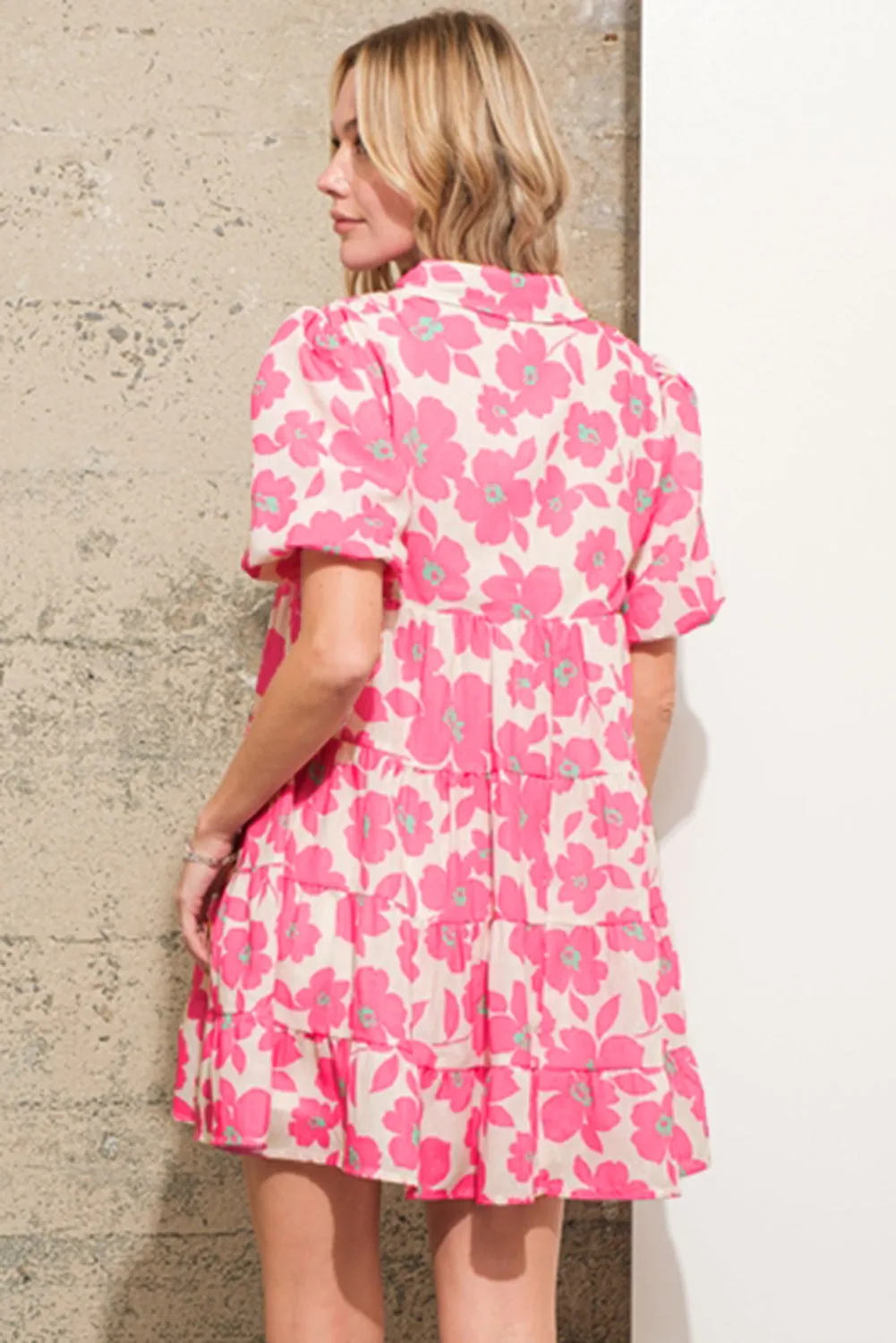 Pink Floral Tiered Puff Sleeve Mini Shirt Dress sold by Beagle Boutique product image thumbnail 2