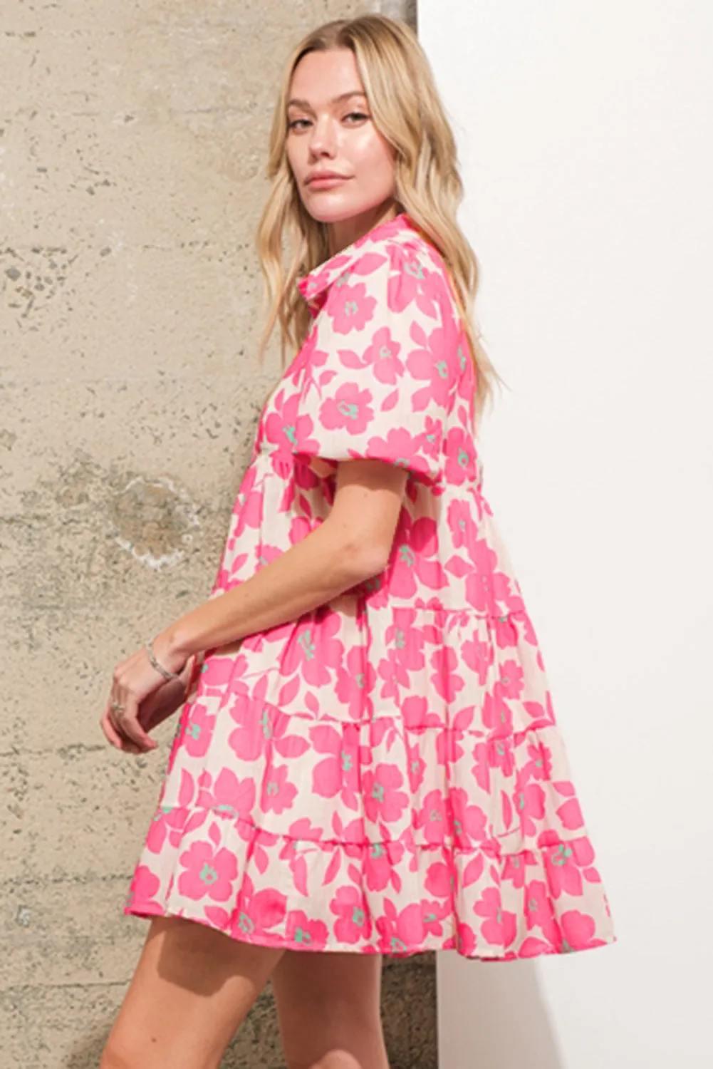 Pink Floral Tiered Puff Sleeve Mini Shirt Dress sold by Beagle Boutique product image thumbnail 3