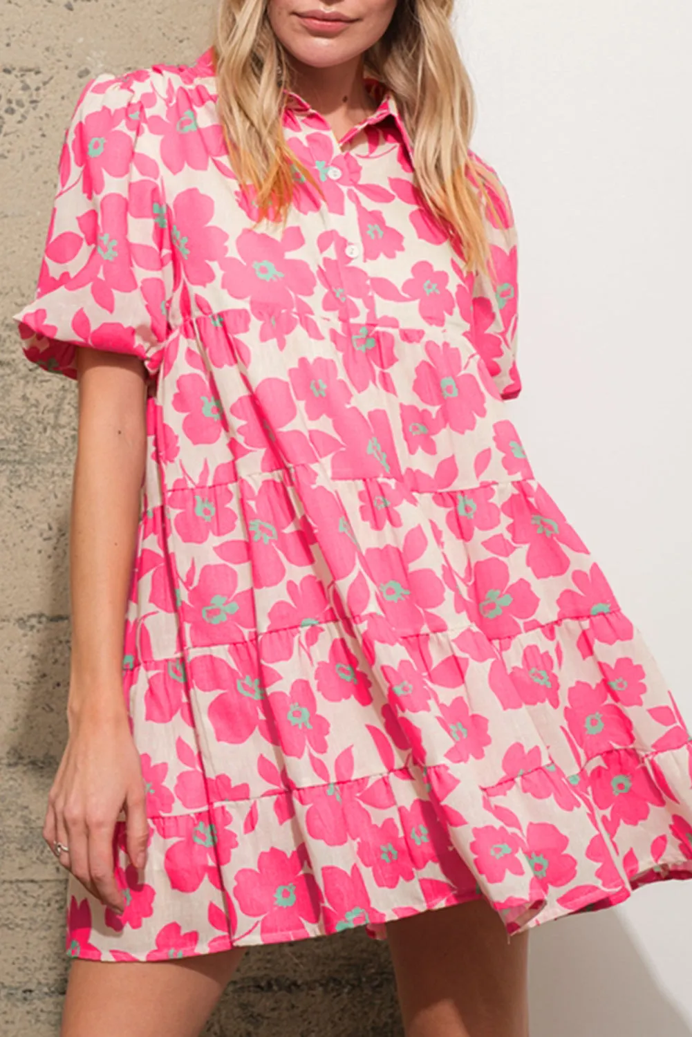 Pink Floral Tiered Puff Sleeve Mini Shirt Dress sold by Beagle Boutique