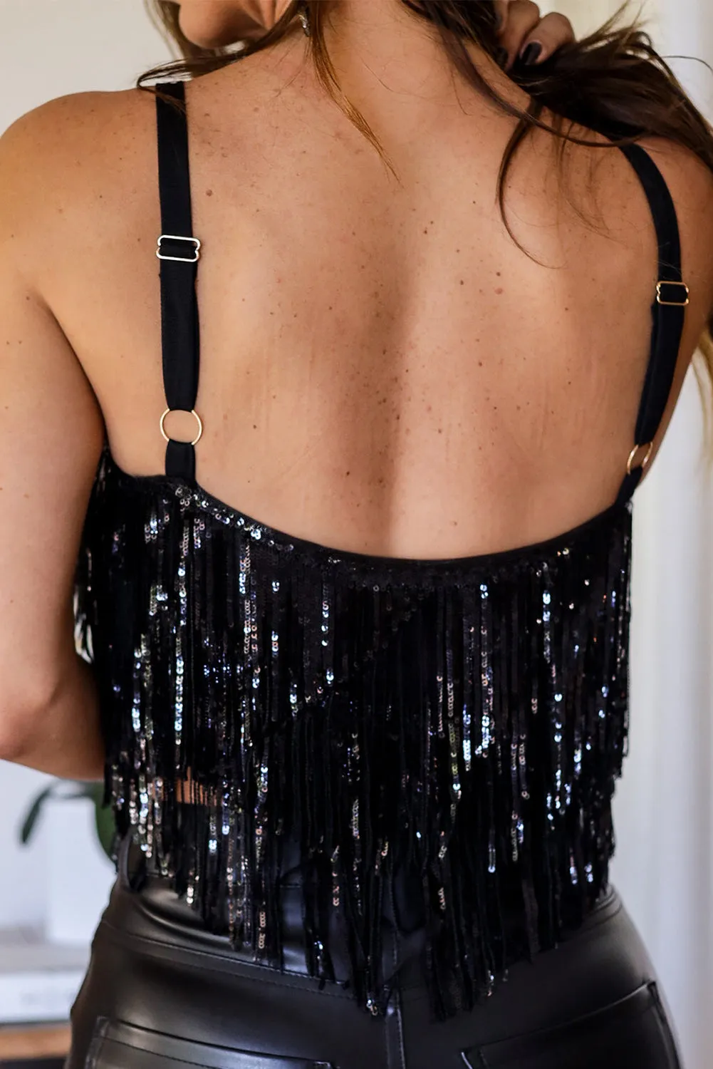 Black Sequin Tasseled Tank Crop Top sold by Beagle Boutique product image thumbnail 2
