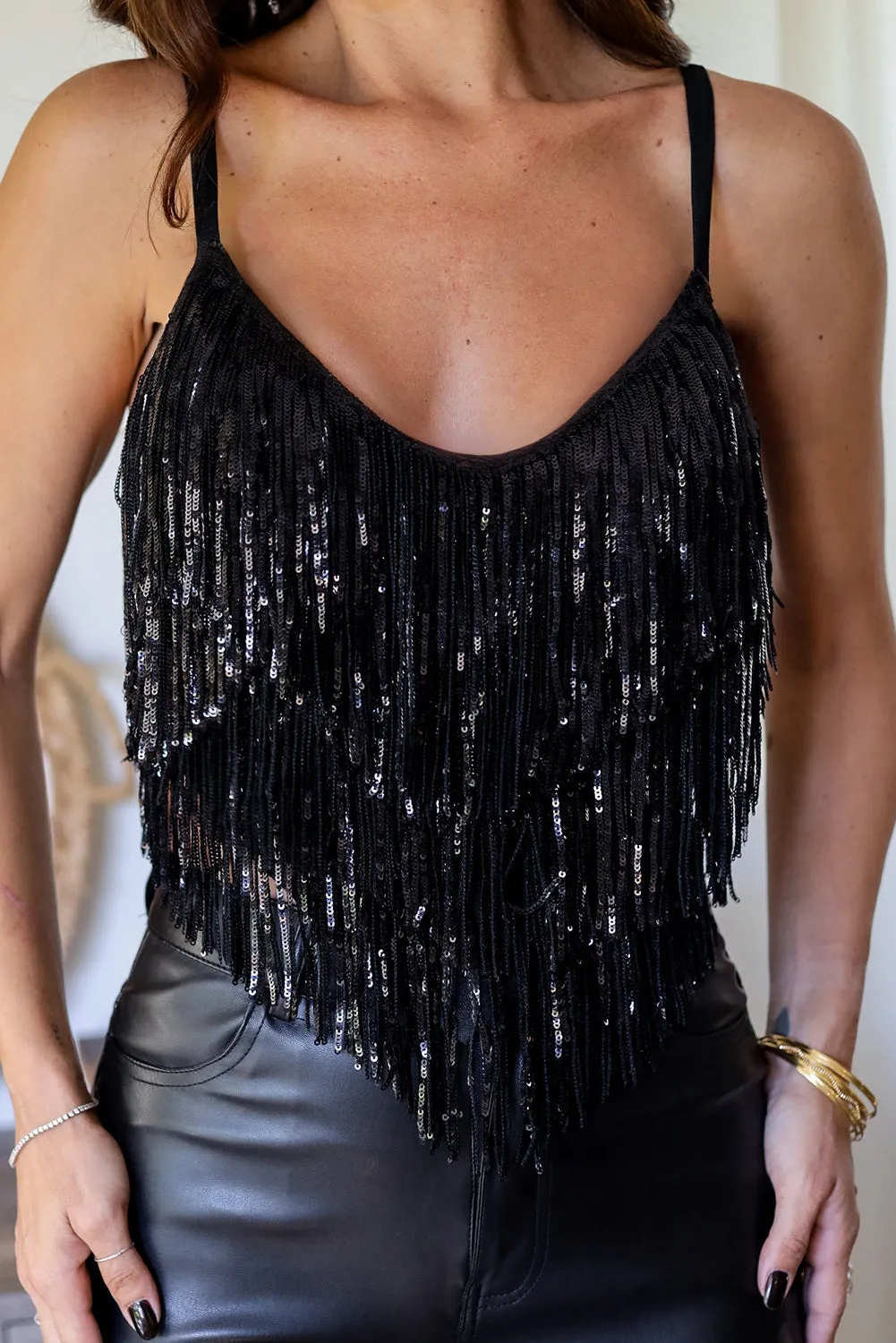 Black Sequin Tasseled Tank Crop Top sold by Beagle Boutique
