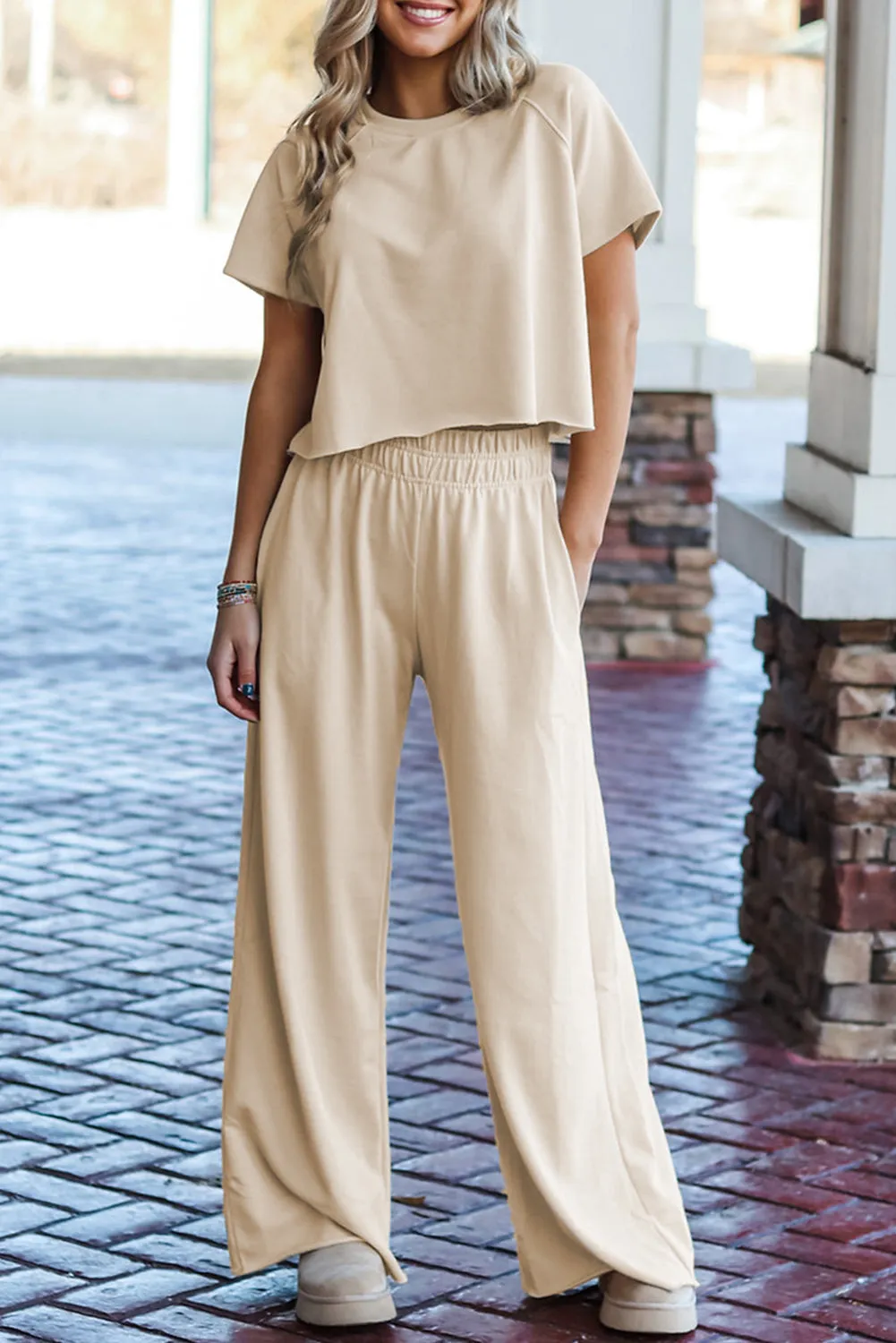White Raw Hem Loose Tee and Wide Leg Pants Set sold by Beagle Boutique