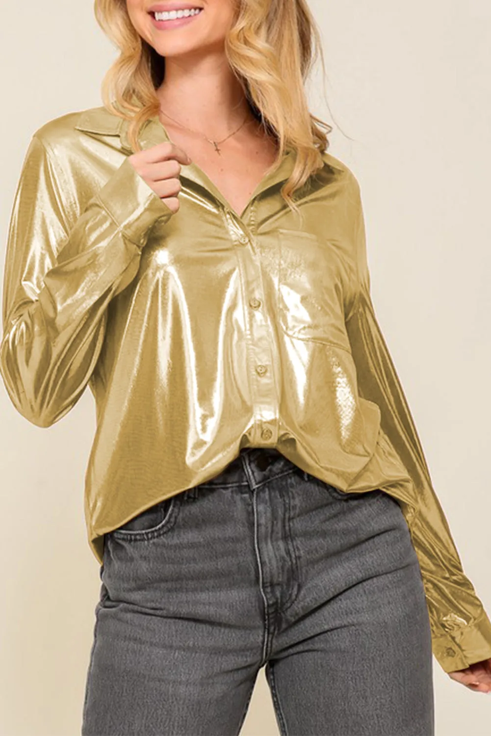 Gold Metallic Luster Chest Pocket Shirt sold by Beagle Boutique