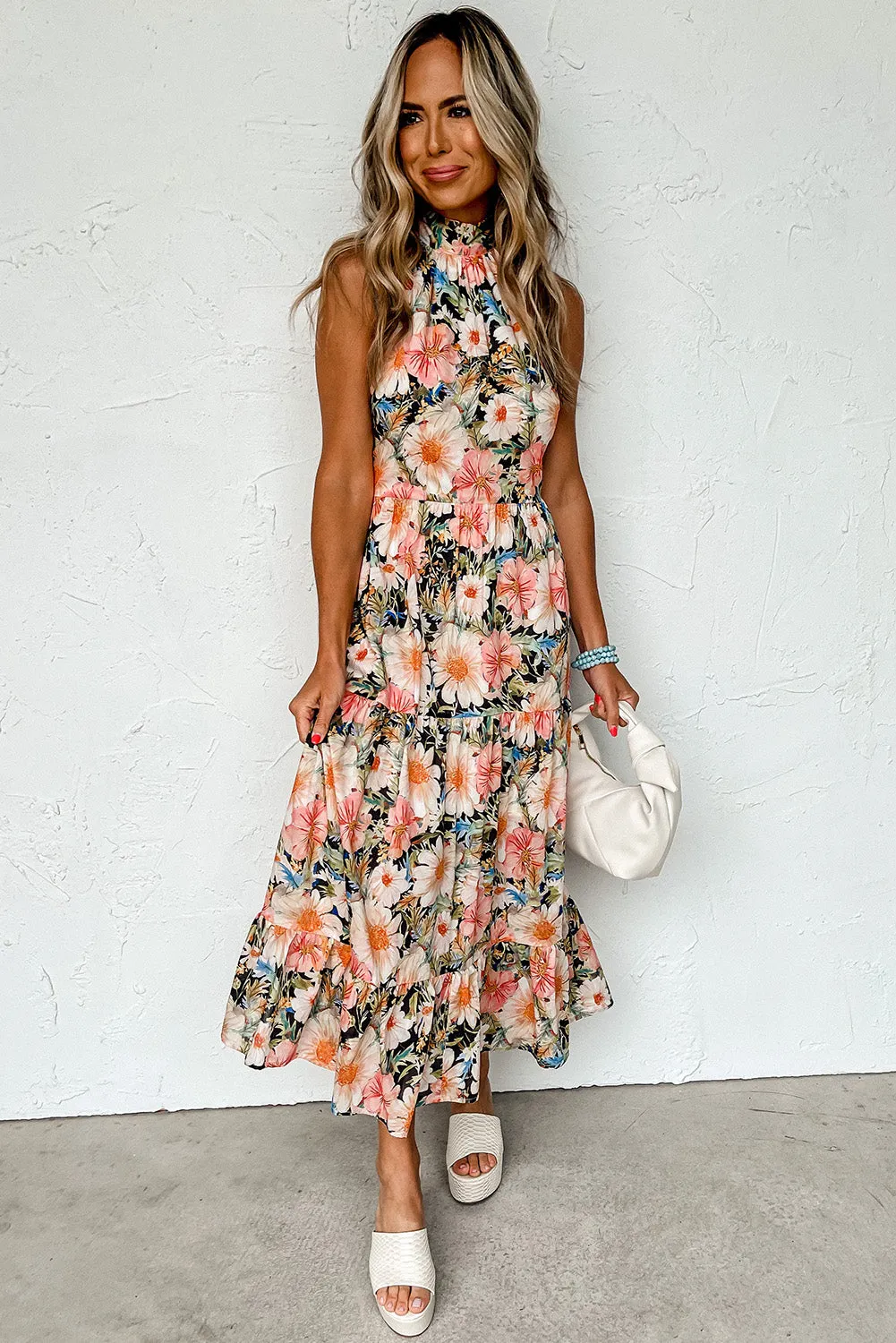 Black Boho Floral Print Knotted Halter Ruffled Maxi Dress sold by Beagle Boutique product image thumbnail 3