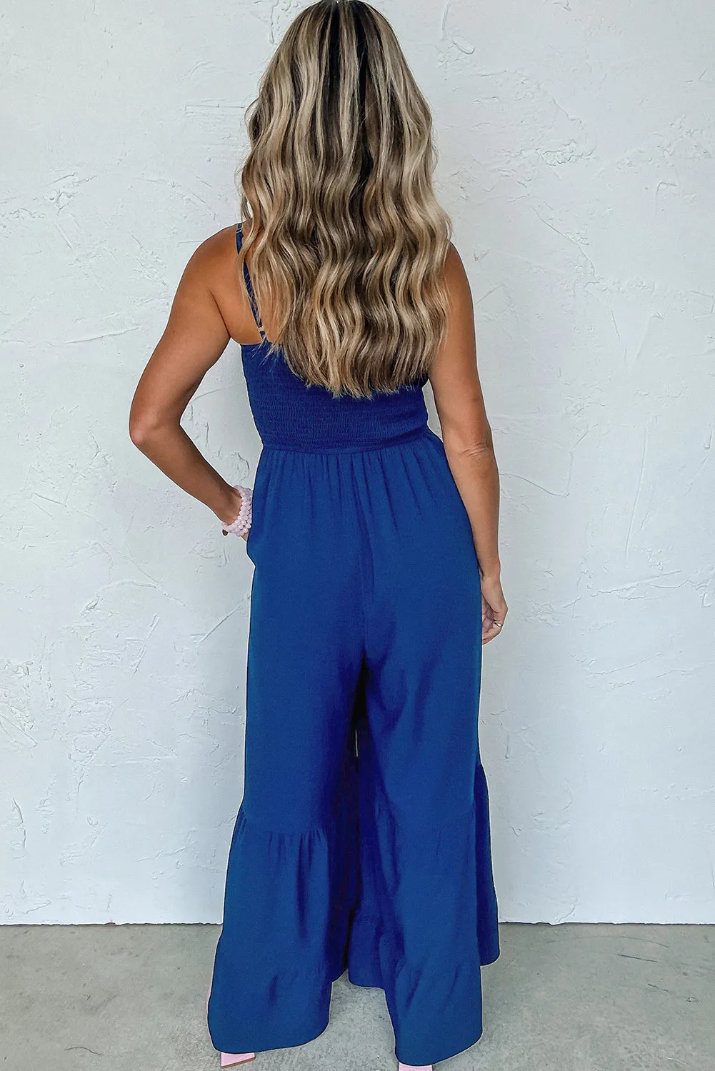 Navy Blue Spaghetti Straps Smocked Ruffled Wide Leg Jumpsuit sold by Beagle Boutique product image thumbnail 2