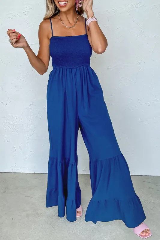 Navy Blue Spaghetti Straps Smocked Ruffled Wide Leg Jumpsuit sold by Beagle Boutique
