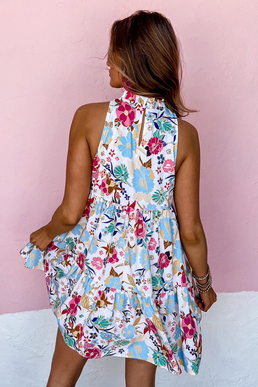 White Frill Mock Neck Sleeveless Tiered Floral Dress sold by Beagle Boutique product image thumbnail 2