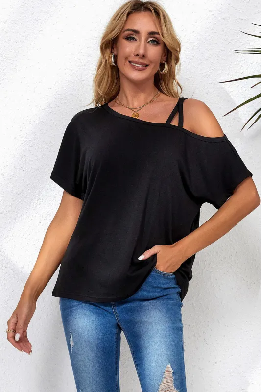 Black Asymmetric Criss Cross One Shoulder T Shirt sold by Beagle Boutique