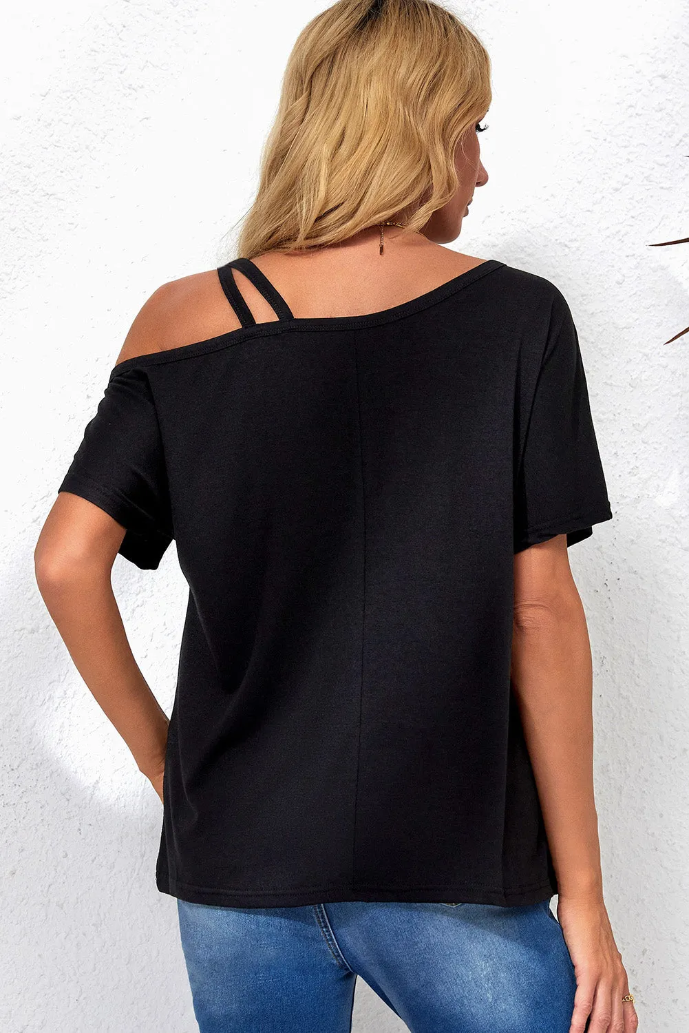 Black Asymmetric Criss Cross One Shoulder T Shirt sold by Beagle Boutique product image thumbnail 2