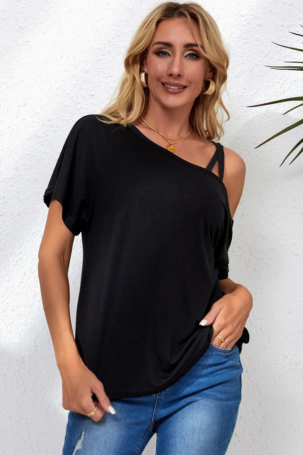 Black Asymmetric Criss Cross One Shoulder T Shirt sold by Beagle Boutique product image thumbnail 5