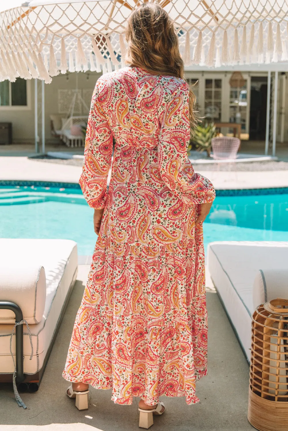 Orange Boho Holiday Paisley Print Tiered Long Sleeve Maxi Dress sold by Beagle Boutique product image thumbnail 2