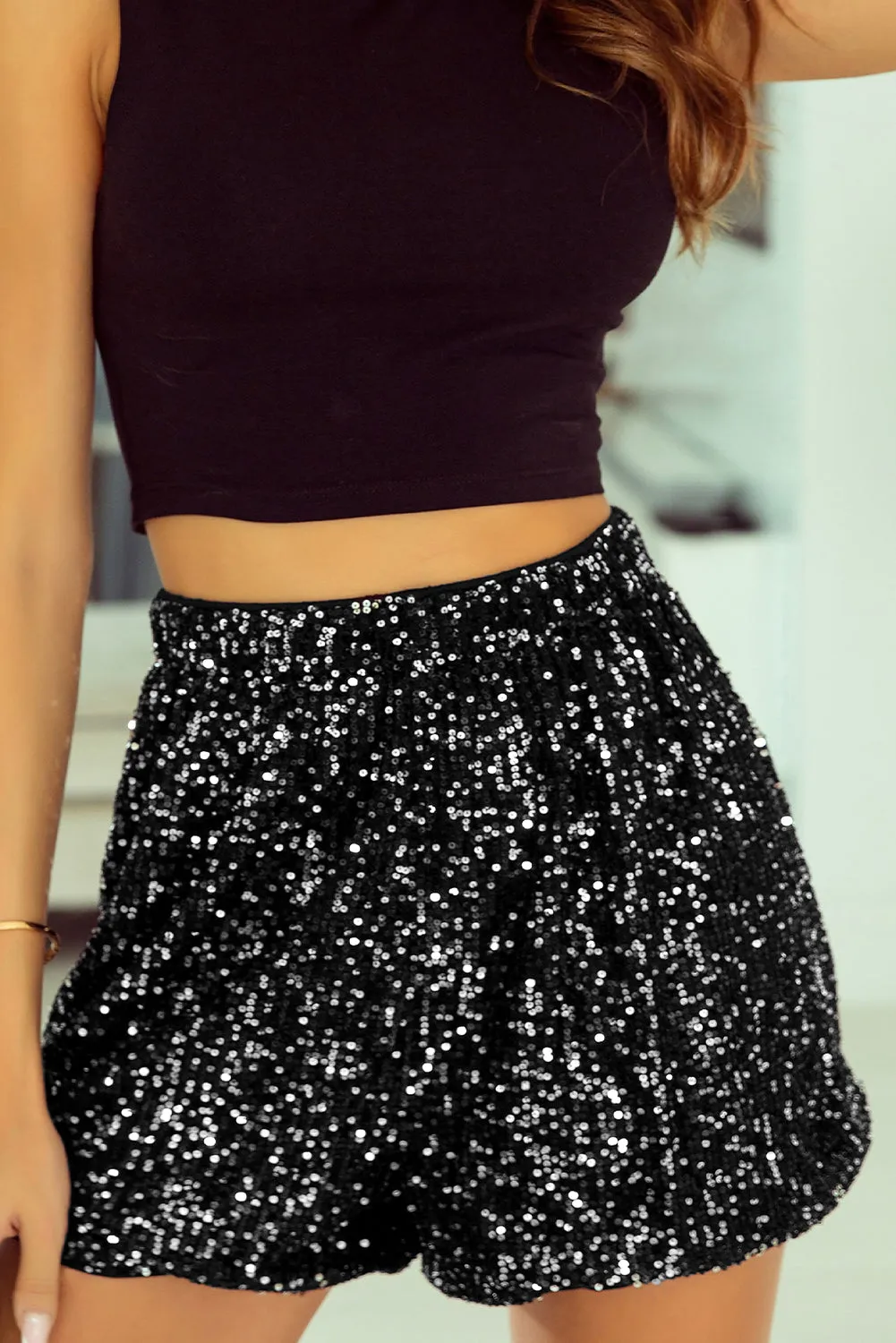 Black Sequin Straight Leg High Waist Casual Shorts sold by Beagle Boutique product image thumbnail 3