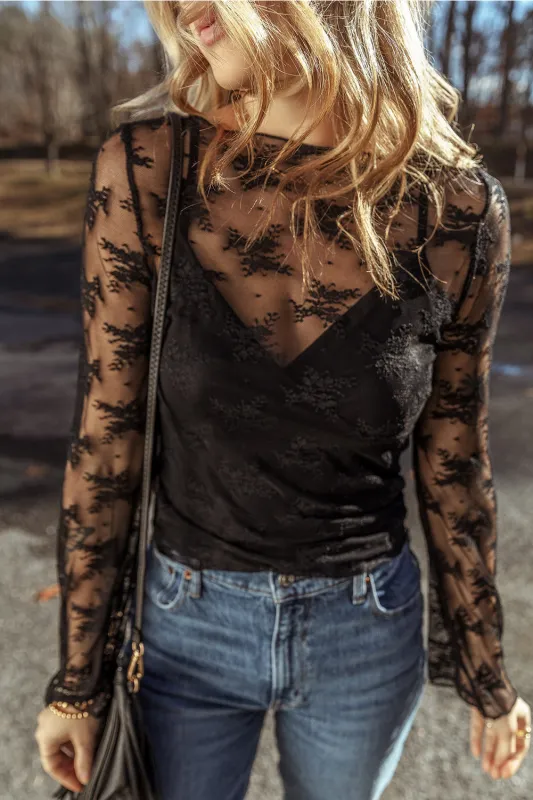 Black Lace Mesh Crochet Splicing Slim Fit Long Sleeve Blouse sold by Beagle Boutique