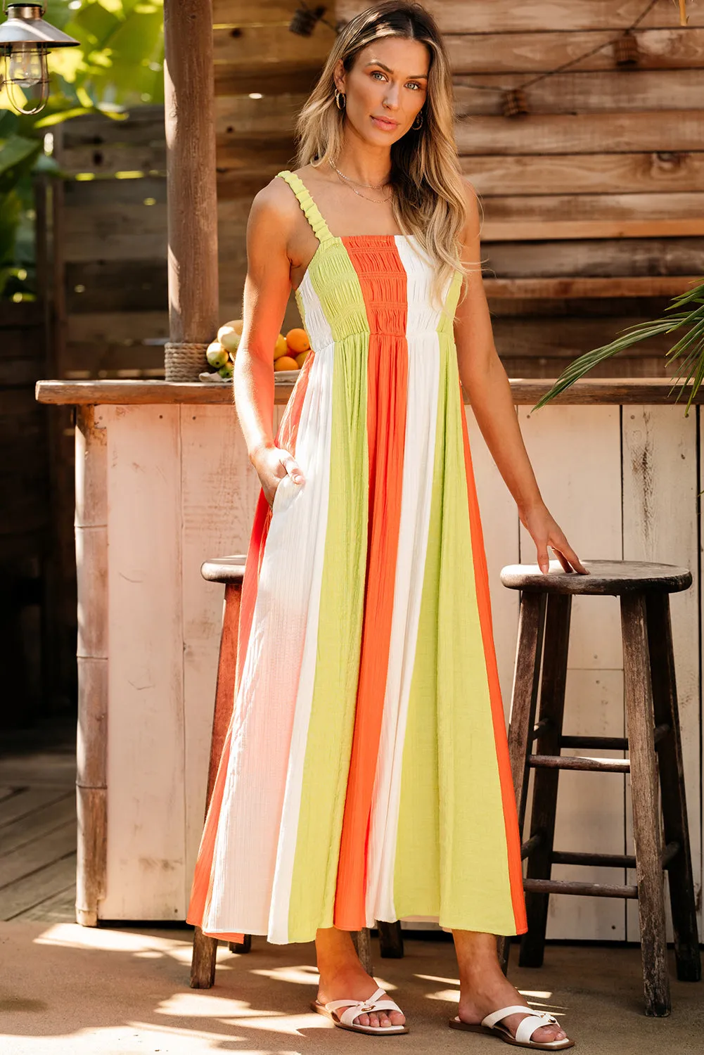 Green Color Block Shirred High Waist Fit and Flare Maxi Dress sold by Beagle Boutique