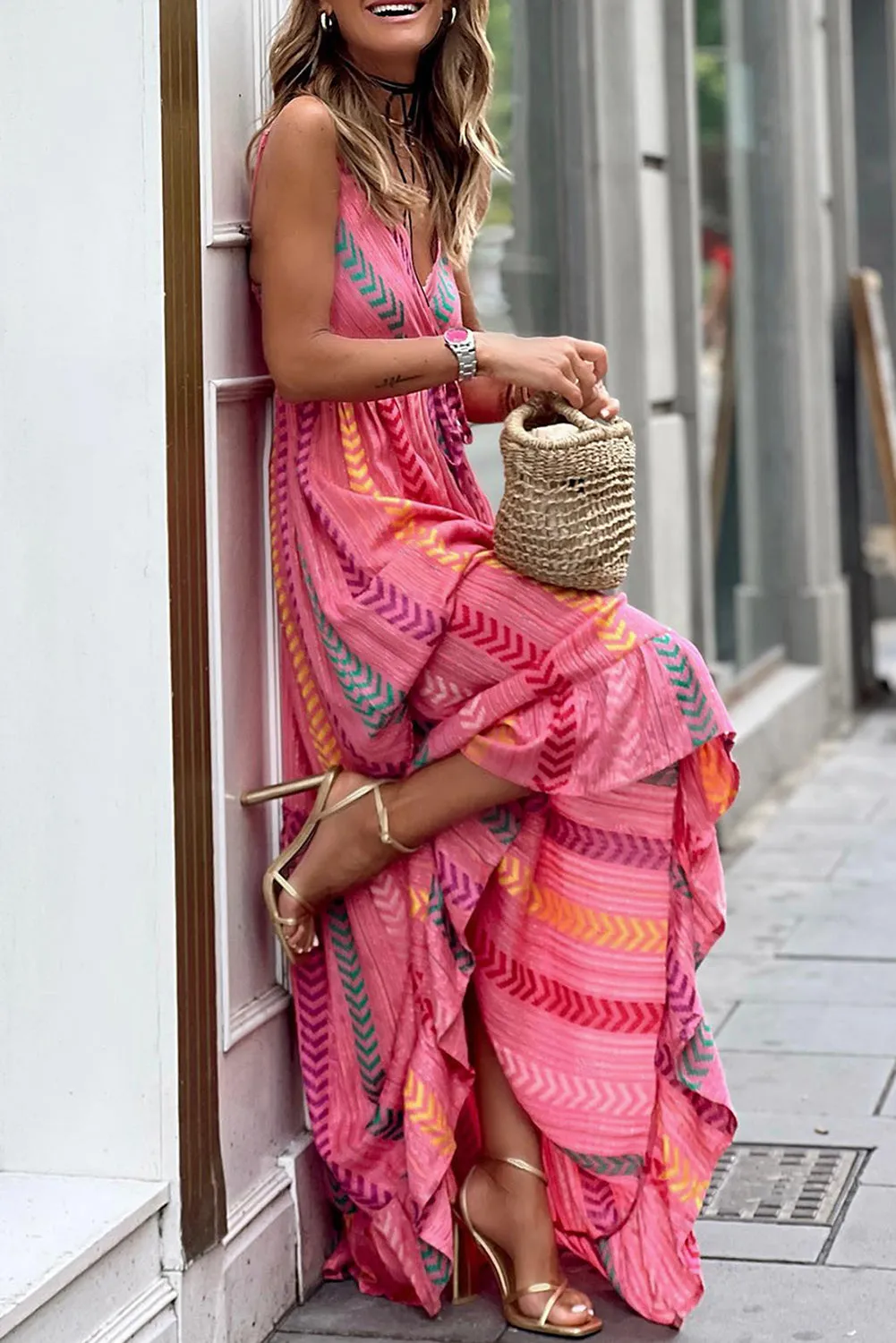 Pink Western Printed Tassel Tie V Neck Wrap Maxi Dress sold by Beagle Boutique product image thumbnail 2