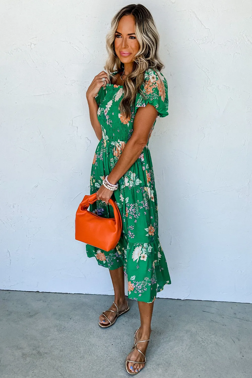 Green Floral Print Bubble Sleeve Smocked Tiered Midi Dress sold by Beagle Boutique product image thumbnail 3