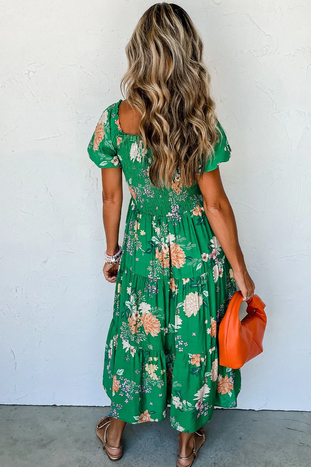 Green Floral Print Bubble Sleeve Smocked Tiered Midi Dress sold by Beagle Boutique product image thumbnail 2
