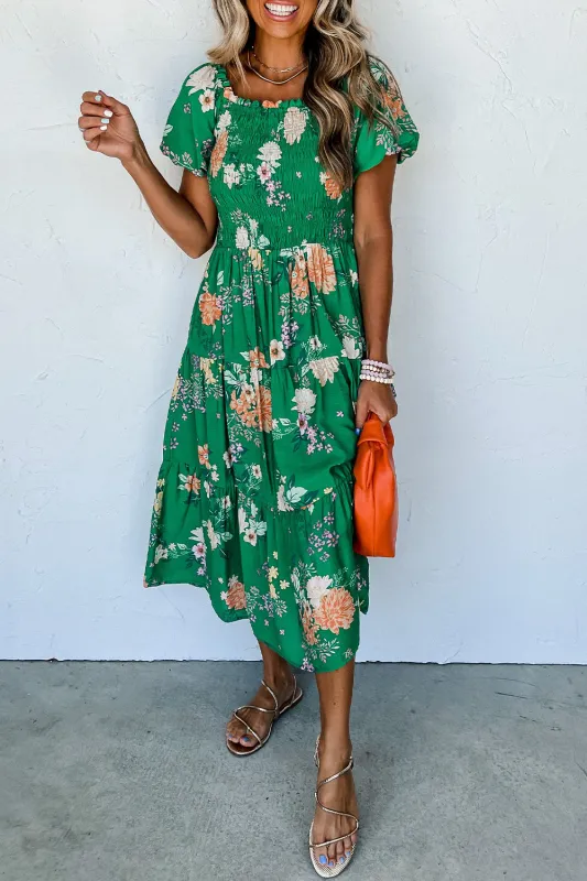 Green Floral Print Bubble Sleeve Smocked Tiered Midi Dress sold by Beagle Boutique