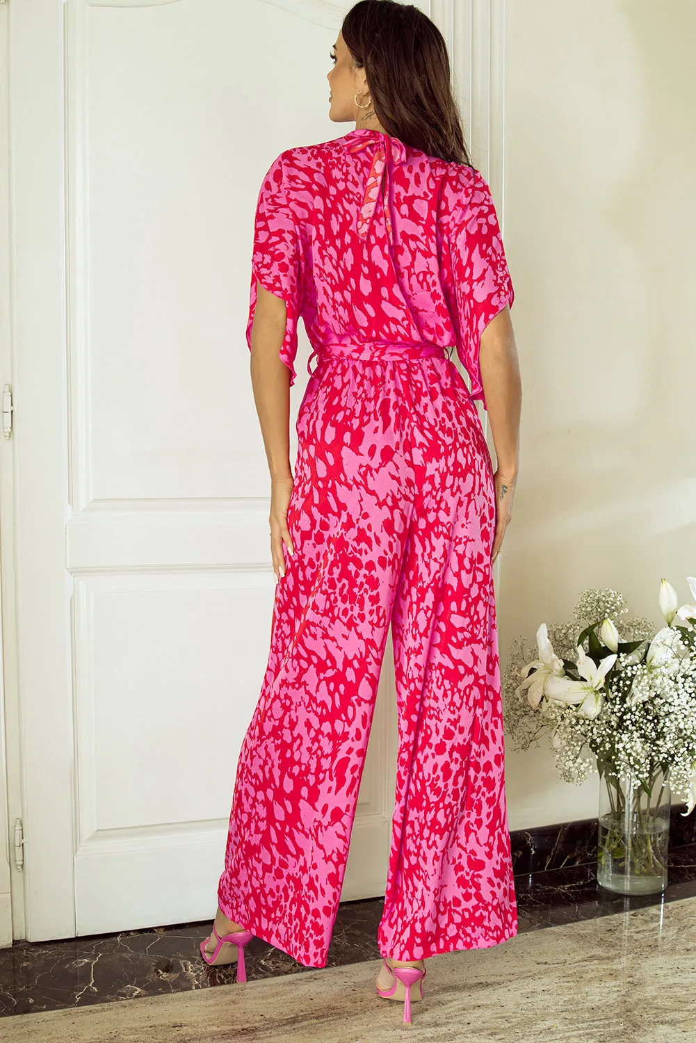 Pink Leopard Loose Sleeve Belted Wide Leg Jumpsuit sold by Beagle Boutique product image thumbnail 2