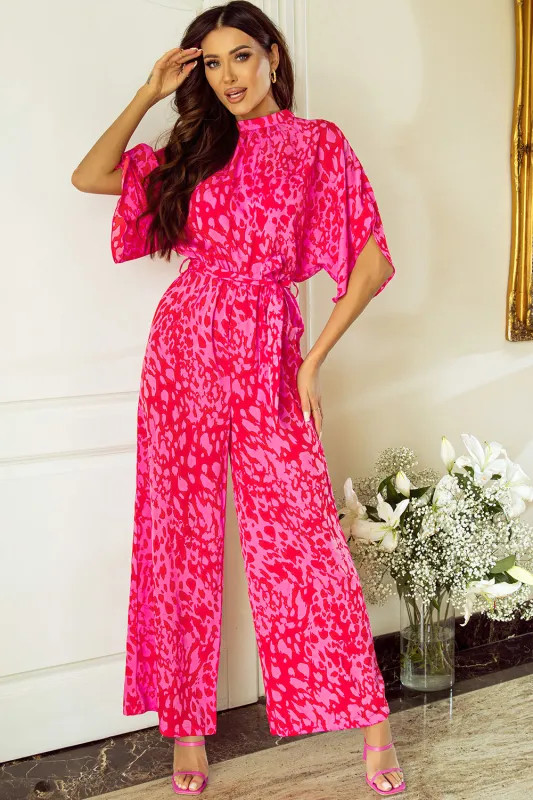 Rose Leopard Loose Sleeve Belted Wide Leg Jumpsuit sold by Beagle Boutique