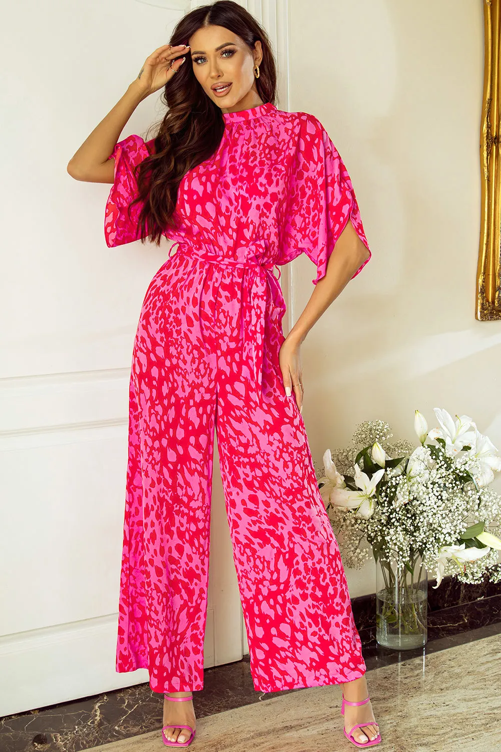 Pink Leopard Loose Sleeve Belted Wide Leg Jumpsuit sold by Beagle Boutique