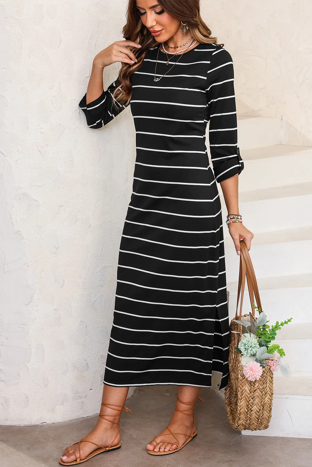 Black Striped Casual Slit Long Dress sold by Beagle Boutique product image thumbnail 3