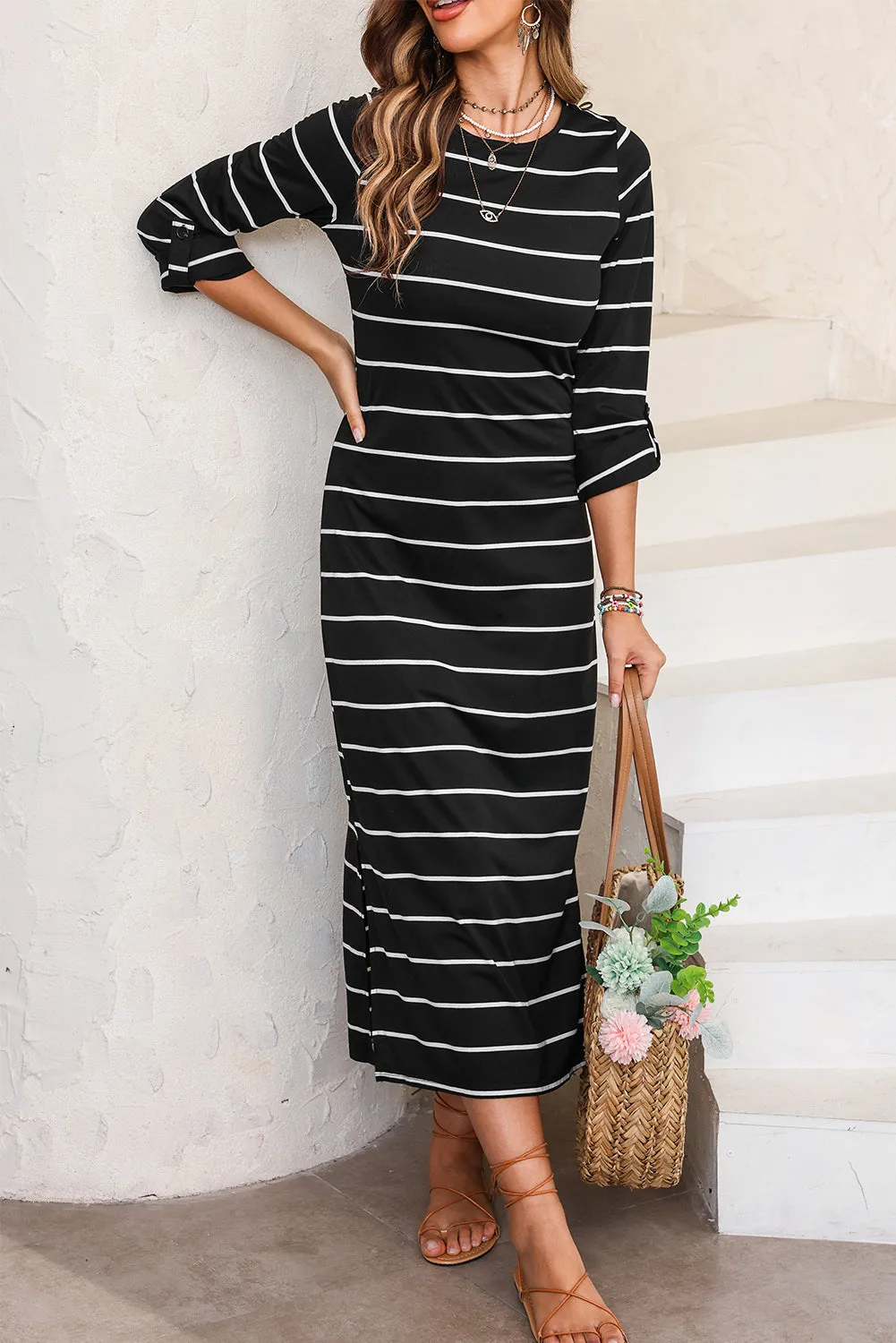 Black Striped Casual Slit Long Dress sold by Beagle Boutique