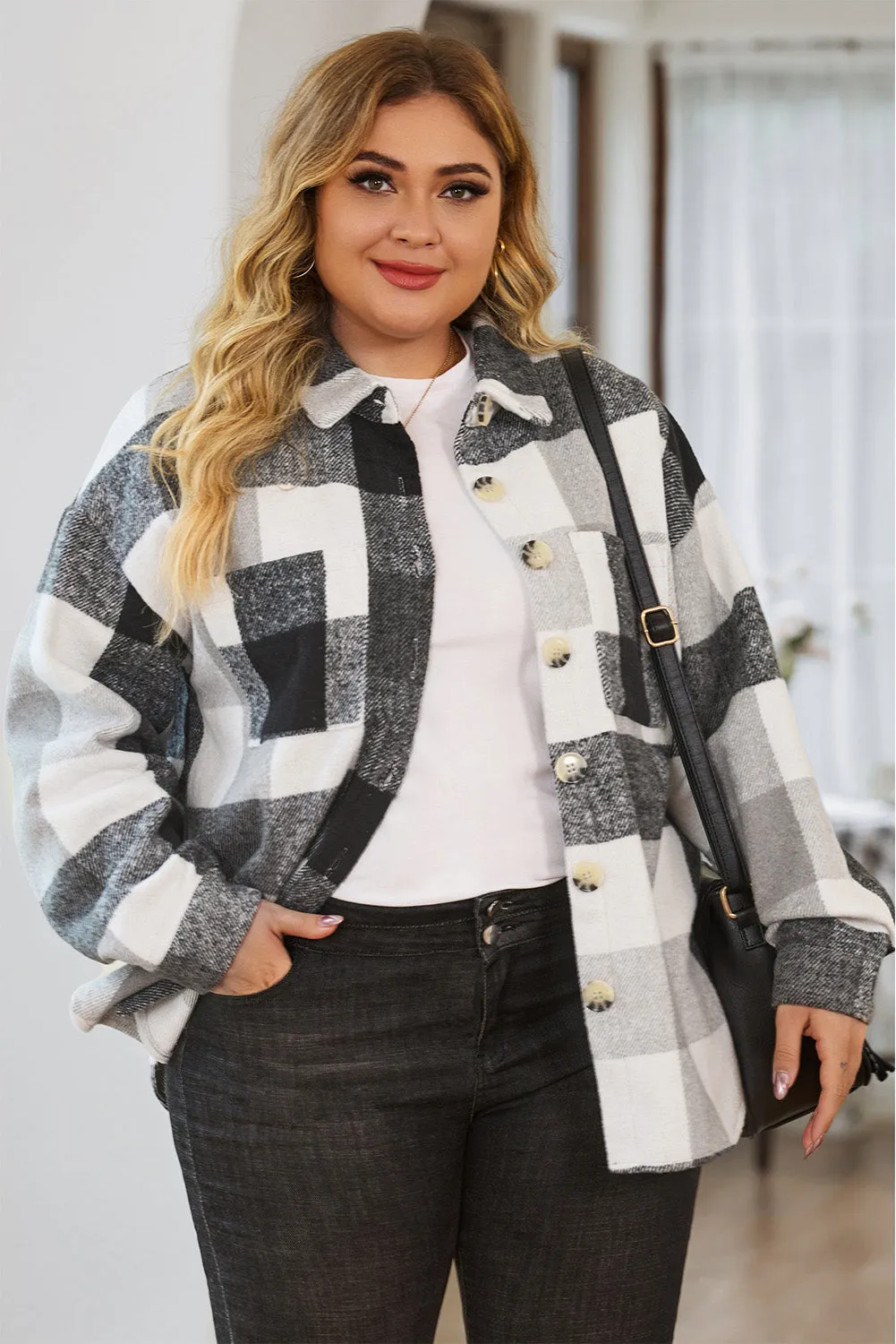 Gray Plus Size Checkered Button-Up Shacket sold by Beagle Boutique product image thumbnail 3