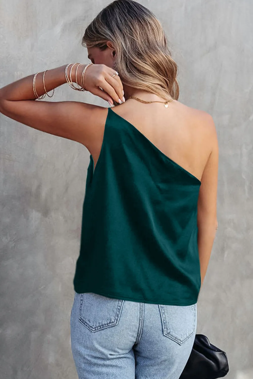Sea Green Satin One Shoulder Loose Tank Top sold by Beagle Boutique product image thumbnail 2