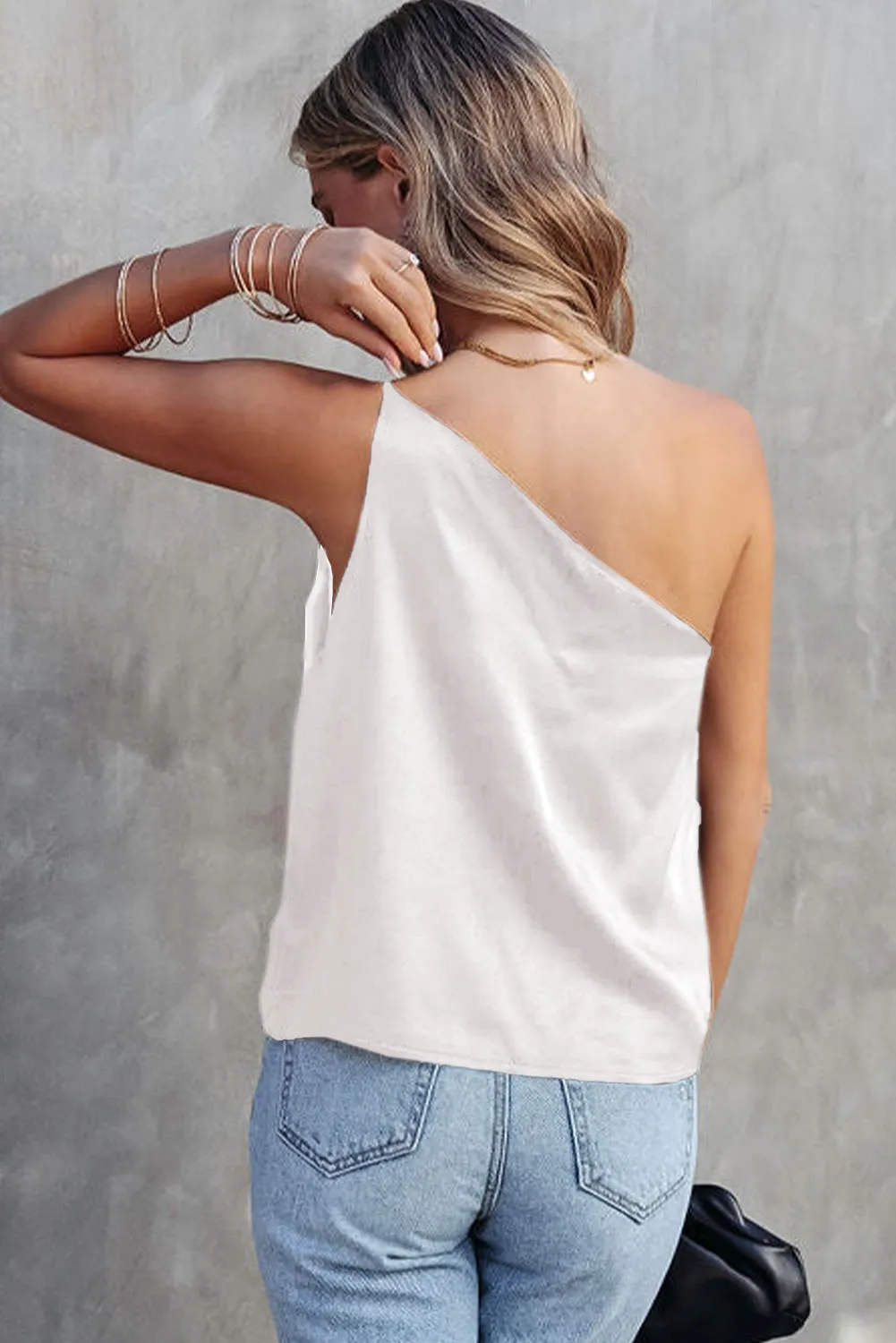 White Satin One Shoulder Loose Tank Top sold by Beagle Boutique product image thumbnail 2