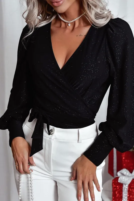 Black Glitter Wrap V Neck Tie Hem Puff Sleeve Blouse sold by Beagle Boutique