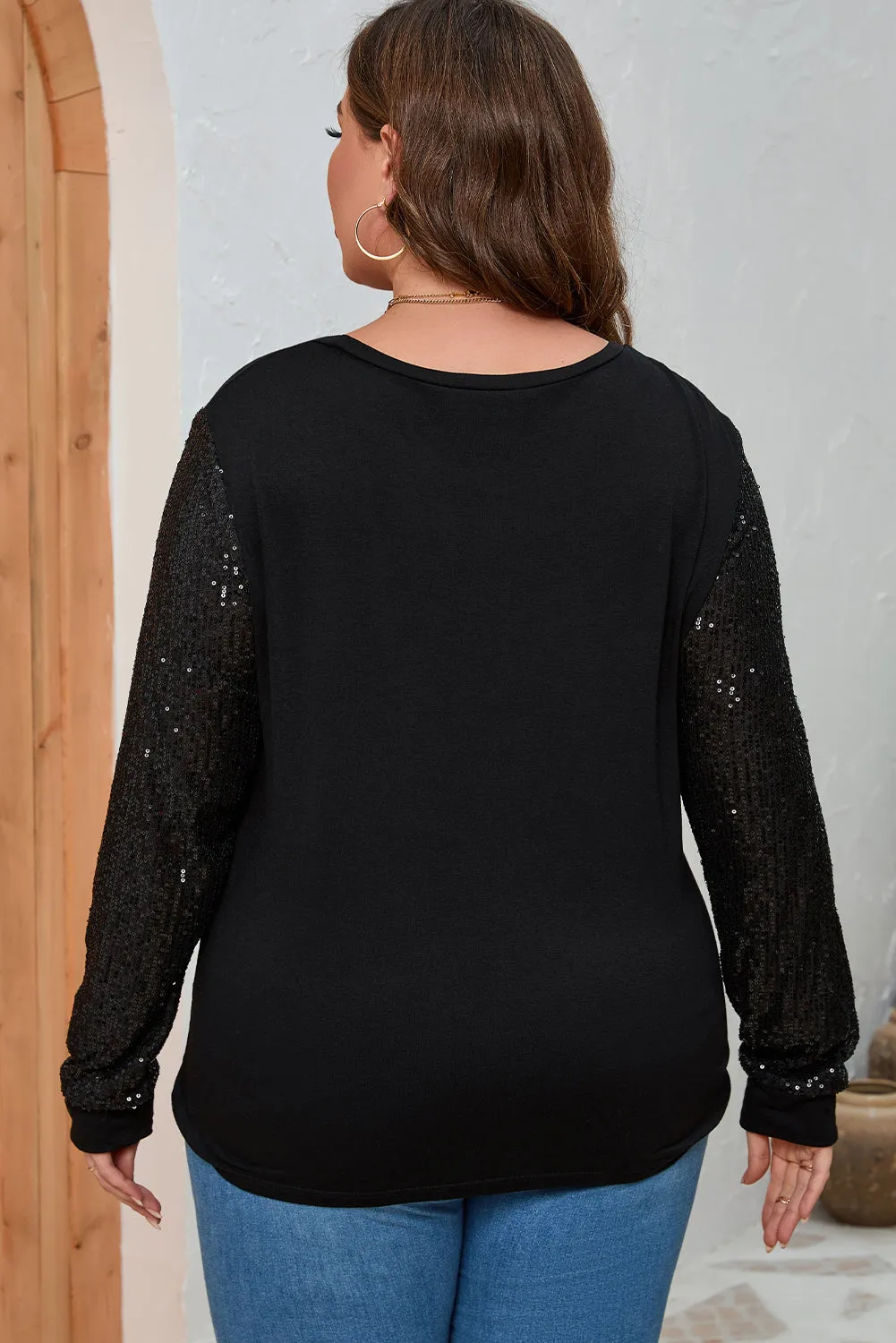 Black Sequin Contrast Long Sleeve Plus Size Top sold by Beagle Boutique product image thumbnail 2