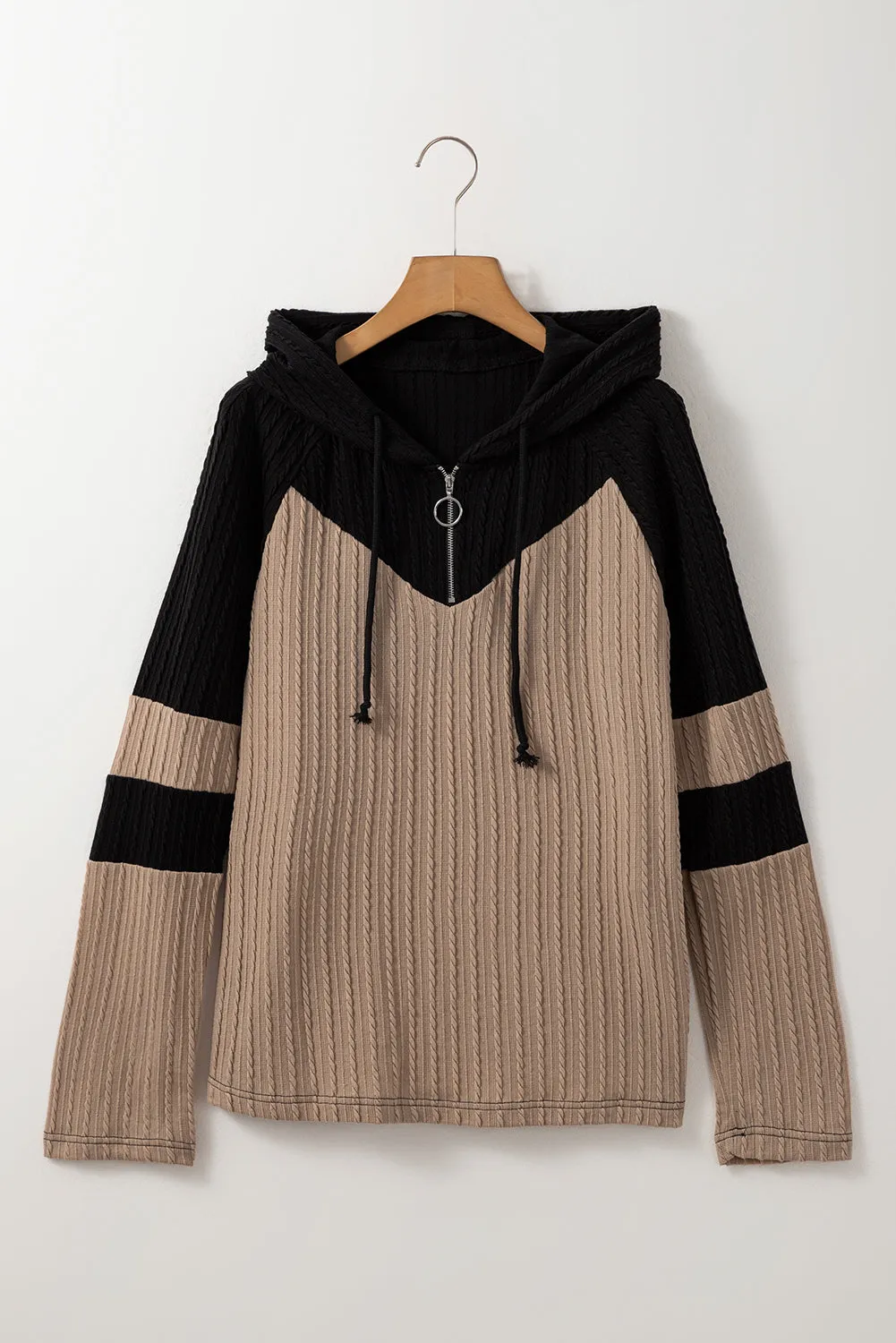 Parchment Textured Colourblock Long Sleeve Quarter Zip Drawstring Hooded Top sold by Beagle Boutique product image thumbnail 4