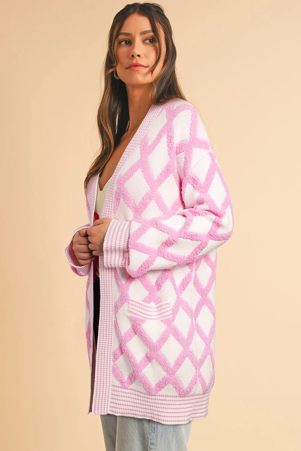 Pink Rhombus Pattern Knit Open Front Pocketed Cardigans sold by Beagle Boutique product image thumbnail 3