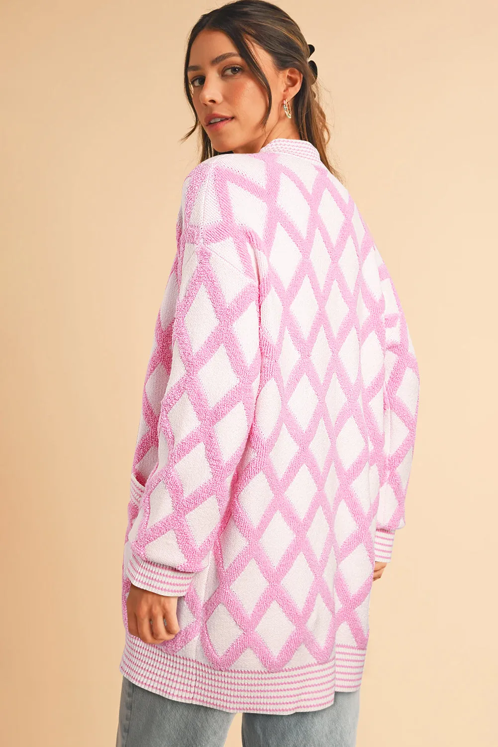 Pink Rhombus Pattern Knit Open Front Pocketed Cardigans sold by Beagle Boutique product image thumbnail 2