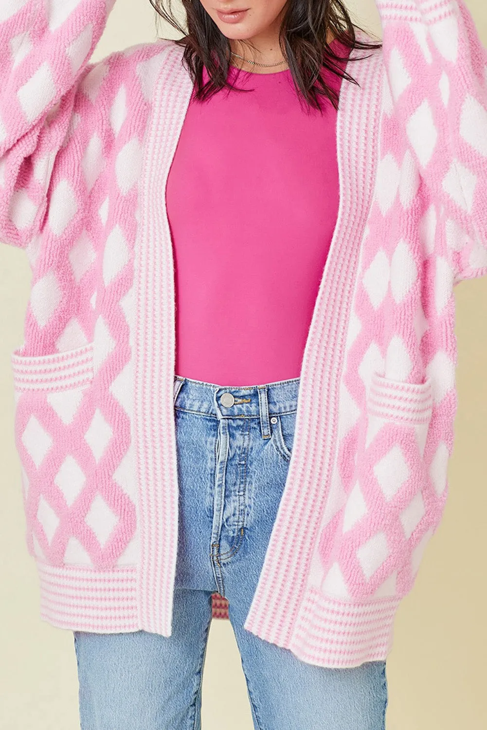 Pink Rhombus Pattern Knit Open Front Pocketed Cardigans sold by Beagle Boutique product image thumbnail 4