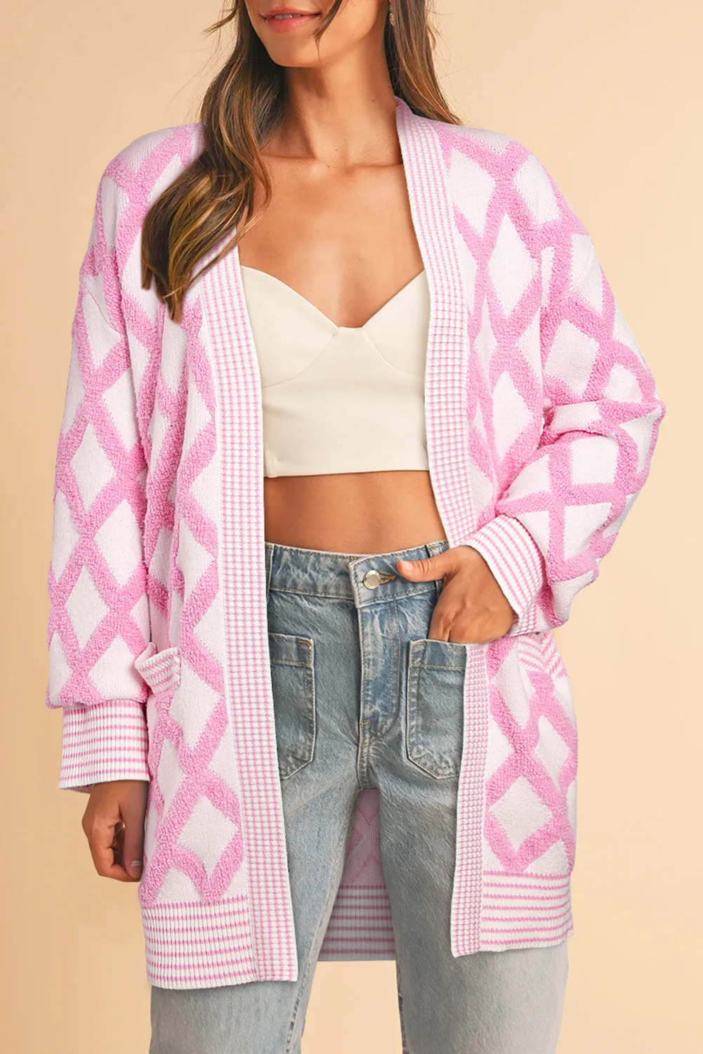 Pink Rhombus Pattern Knit Open Front Pocketed Cardigans sold by Beagle Boutique